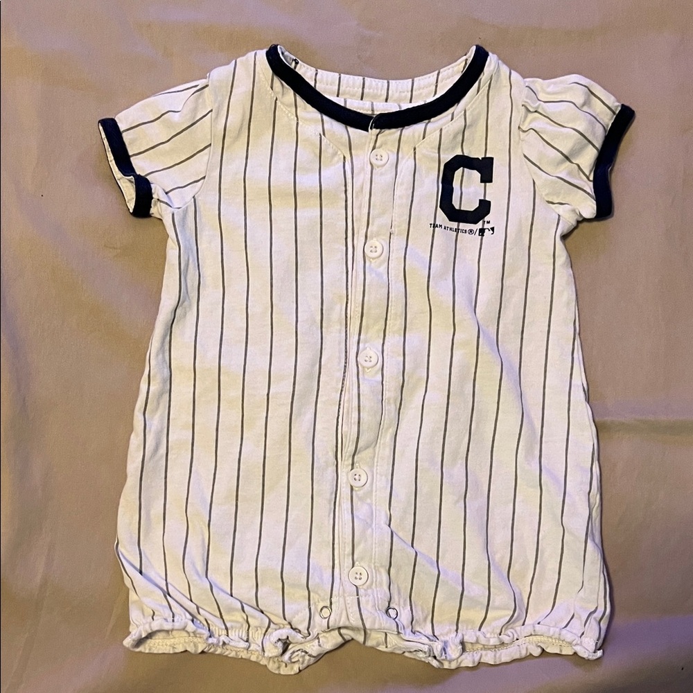 Cleveland Baseball Baby Girl Romper with Navy and White Stripes